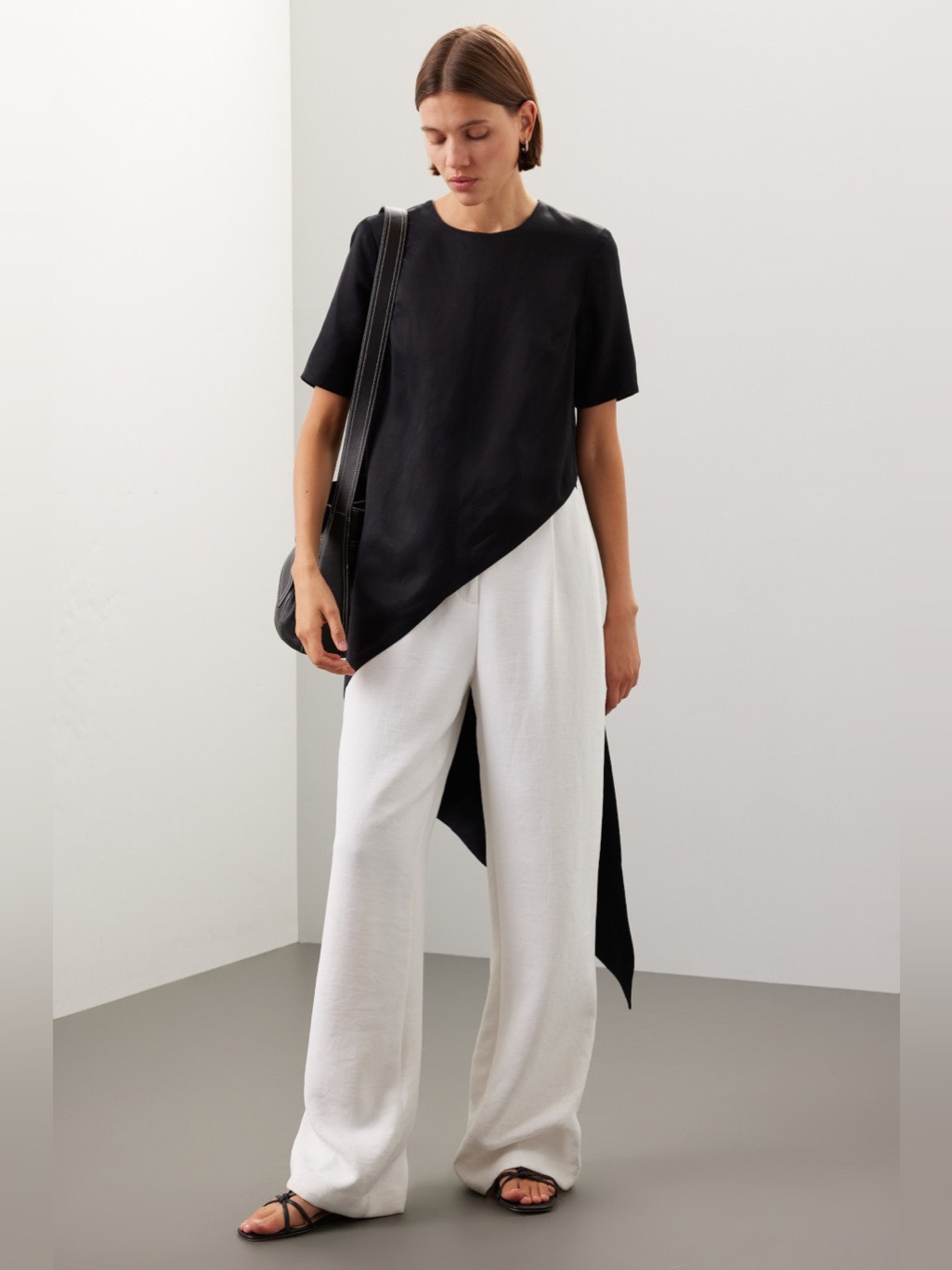 Black Asymmetric Top With White Wide-Leg Pants - Women's Set
